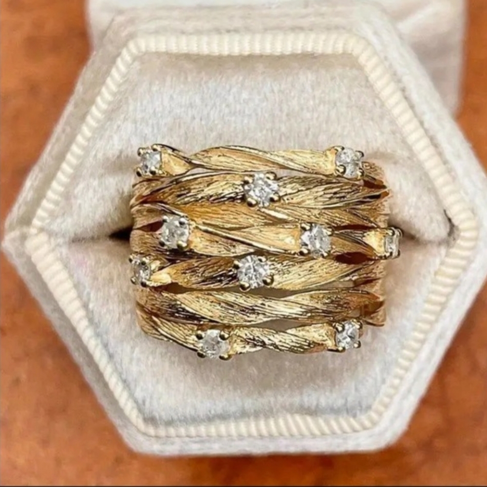 New Multi-Layered Inlay Diamond Wide Gold Ring